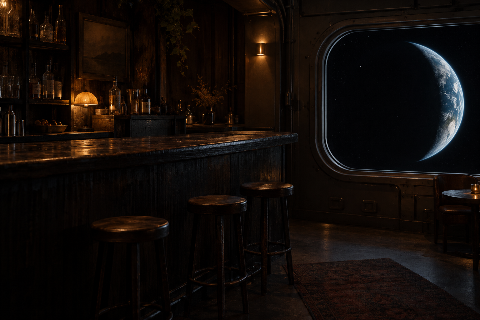 A quiet amber-lit counter, with a crescent Earth beyond the window
