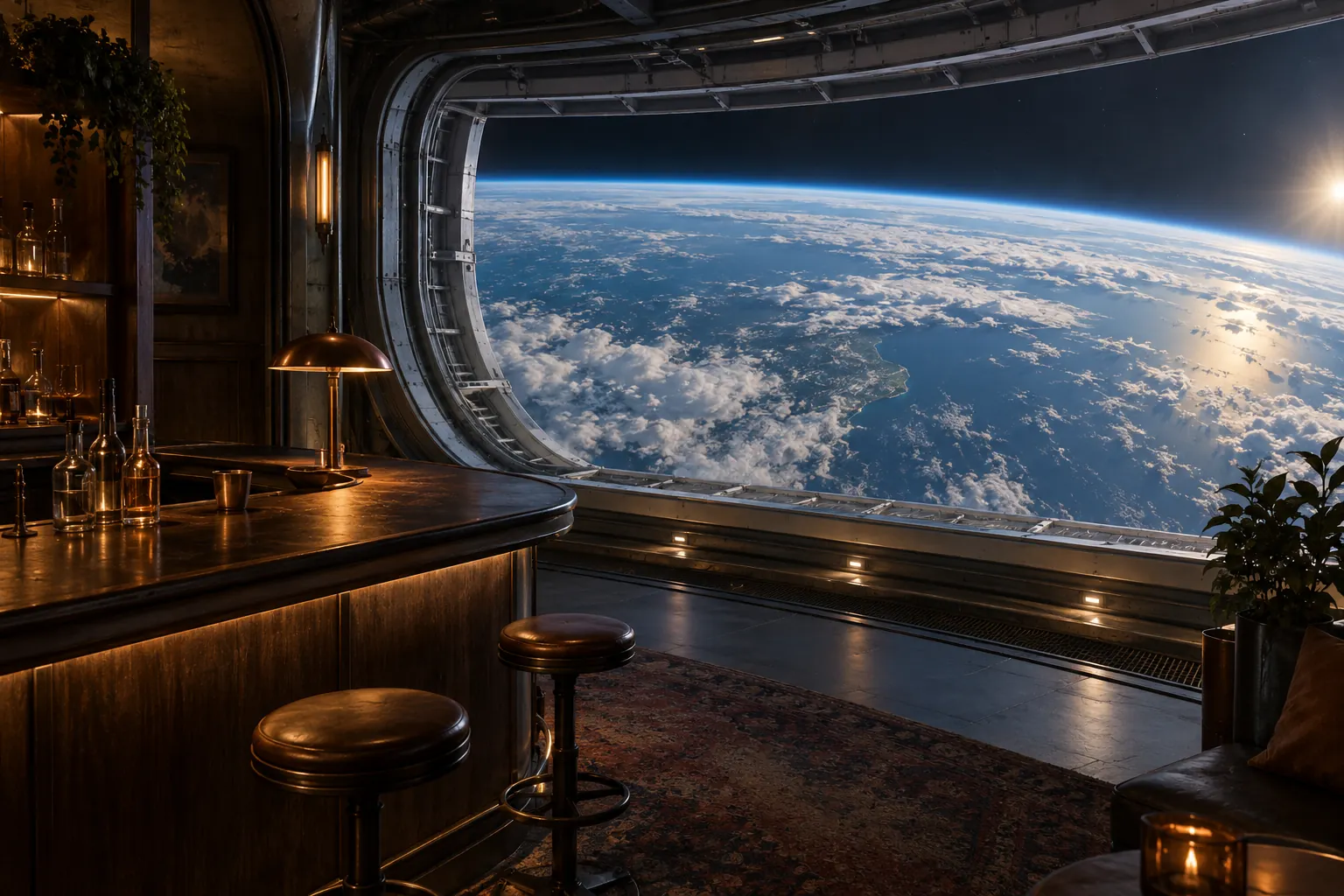 Low wood counter and warm copper lamps beside a broad window, with Earth beyond the glass